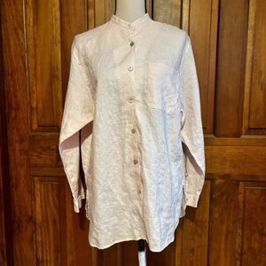 Rafaella Linen Button Down Shirt Pink Women Size Medium Collarless Work Vintage